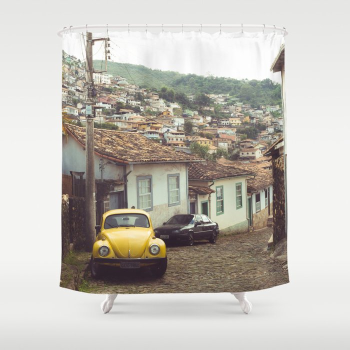 Brazil Photography - Old Street With An Old Yellow Car Shower Curtain