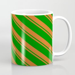 [ Thumbnail: Chocolate and Green Colored Lined/Striped Pattern Coffee Mug ]