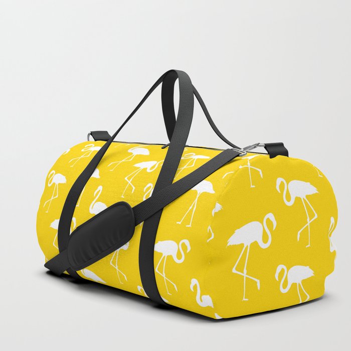 White flamingo silhouettes seamless pattern on yellow background Duffle Bag