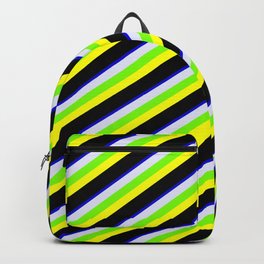 [ Thumbnail: Colorful Blue, Lavender, Green, Yellow, and Black Colored Stripes Pattern Backpack ]
