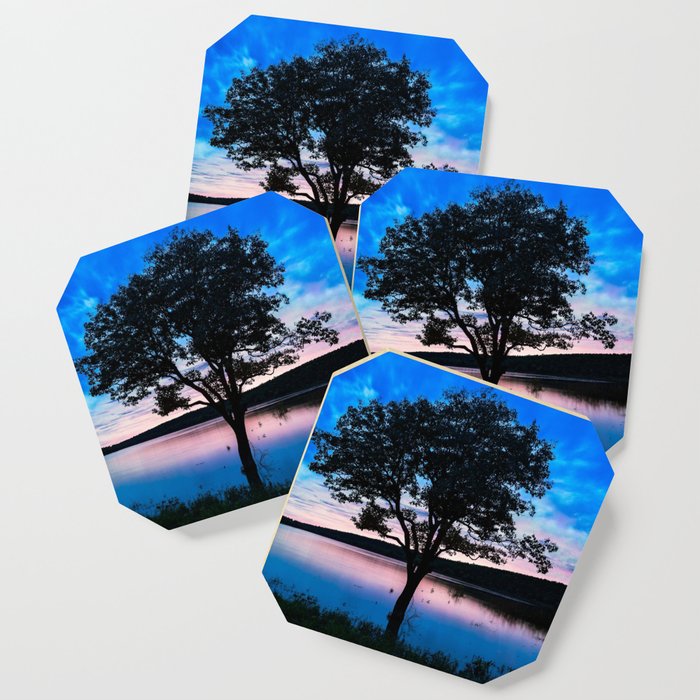 Tranquility - Tree Silhouette in Lake at Dusk in Oklahoma Coaster