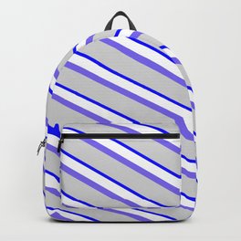 [ Thumbnail: Medium Slate Blue, Light Grey, Blue & White Colored Striped/Lined Pattern Backpack ]
