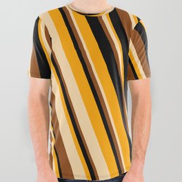 [ Thumbnail: Orange, Tan, Brown, and Black Colored Striped Pattern All Over Graphic Tee ]