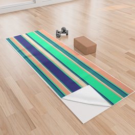 [ Thumbnail: Vibrant Light Salmon, Green, Midnight Blue, Teal, and Bisque Colored Pattern of Stripes Yoga Towel ]