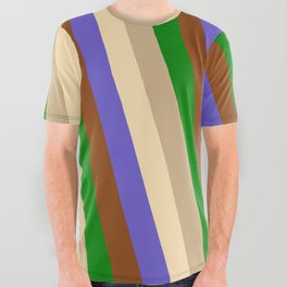 [ Thumbnail: Eye-catching Brown, Green, Tan, Beige & Slate Blue Colored Pattern of Stripes All Over Graphic Tee ]