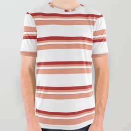 [ Thumbnail: Dark Salmon, White, and Red Colored Pattern of Stripes All Over Graphic Tee ]