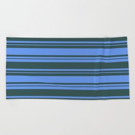 [ Thumbnail: Cornflower Blue and Dark Slate Gray Colored Stripes/Lines Pattern Beach Towel ]