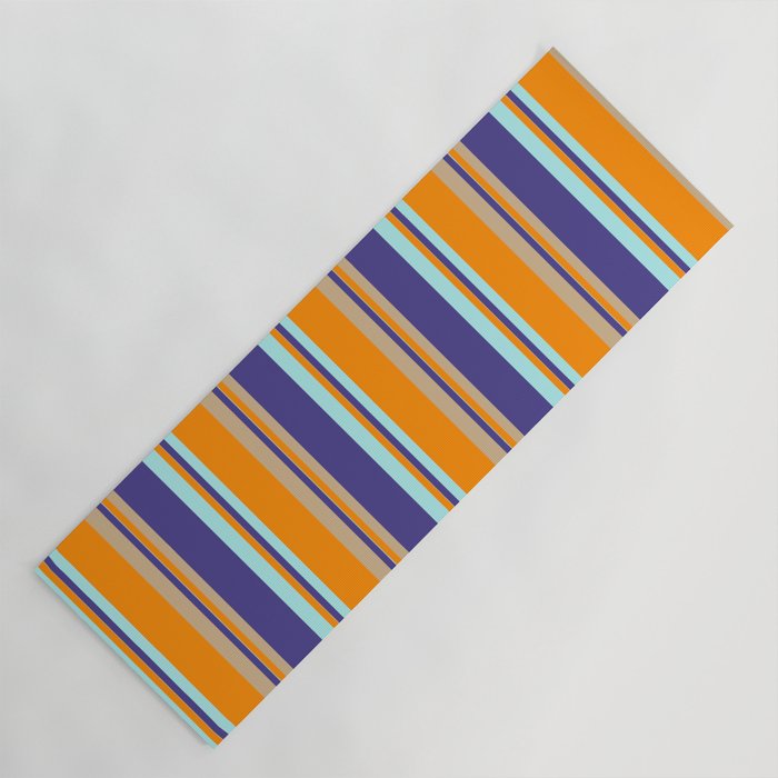 Dark Slate Blue, Tan, Dark Orange & Turquoise Colored Stripes Pattern Yoga Mat