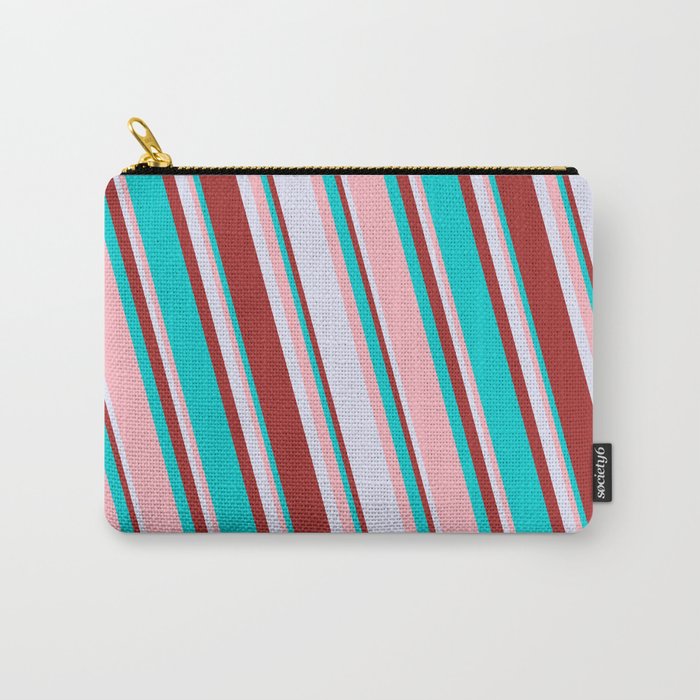 Dark Turquoise, Light Pink, Lavender & Brown Colored Lines Pattern Carry-All Pouch