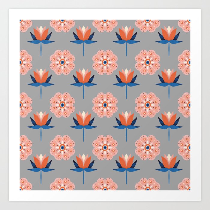 Pink and Orange Flowers Grey Pattern Art Print