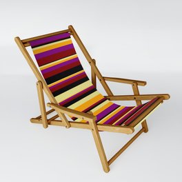 [ Thumbnail: Tan, Orange, Purple, Maroon, and Black Colored Striped/Lined Pattern Sling Chair ]