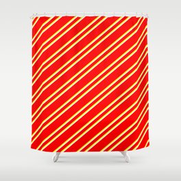 [ Thumbnail: Red, Yellow, and White Colored Stripes Pattern Shower Curtain ]