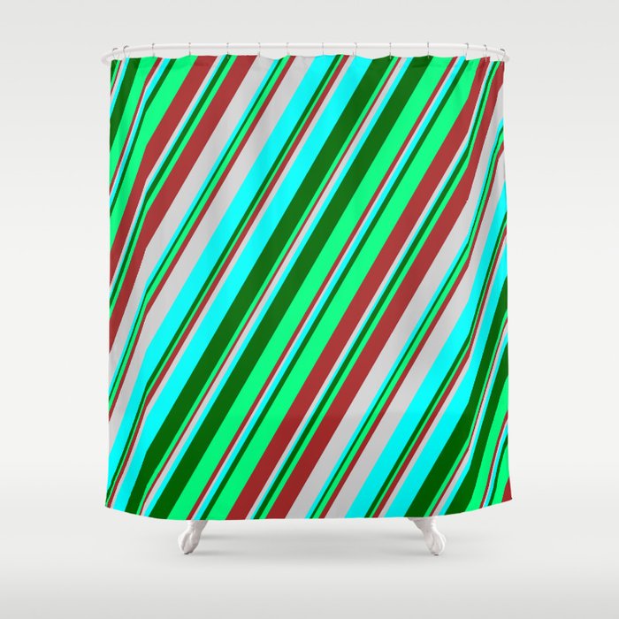 Colorful Brown, Light Grey, Cyan, Dark Green, and Green Colored Stripes Pattern Shower Curtain
