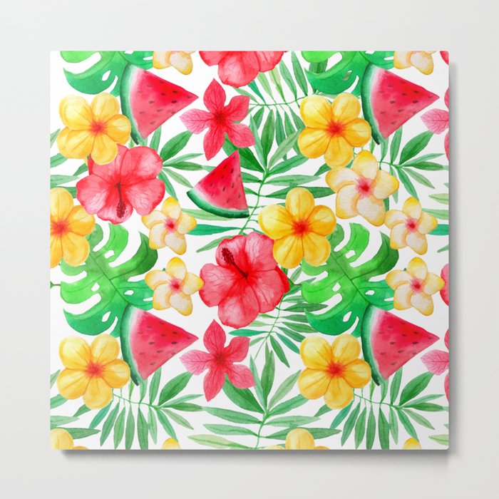Happy Summer Life - Aloha Flowers and Melon - Pattern Metal Print