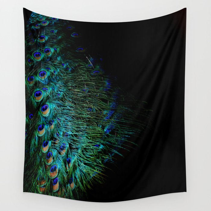 Peacock feathers on a black background Wall Tapestry