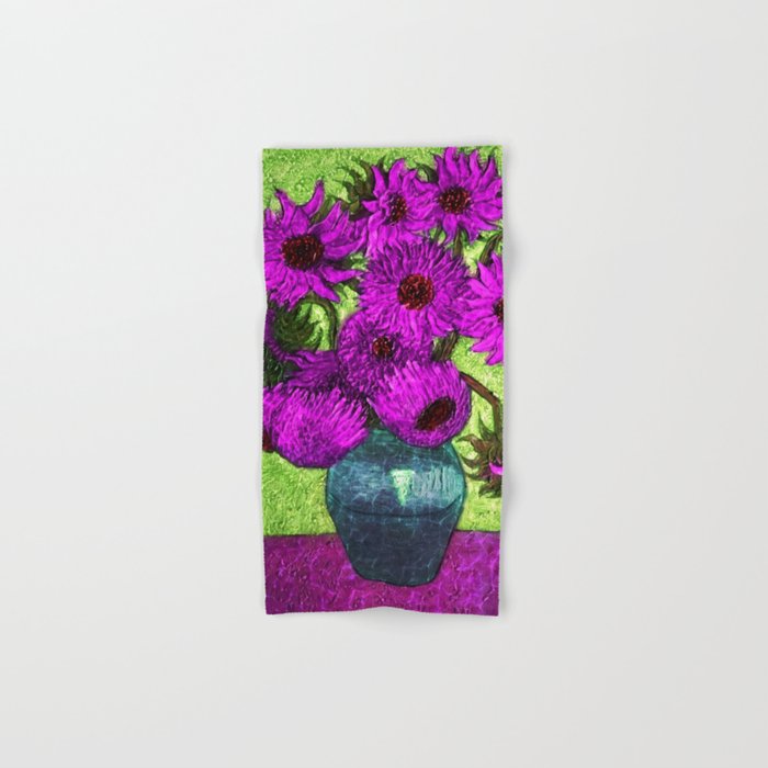 Vincent van Gogh Twelve purple sunflowers with red disk center flowers in a vase still life violet and green background portrait painting Hand & Bath Towel