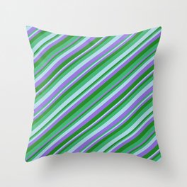 [ Thumbnail: Sea Green, Light Blue, Purple, and Forest Green Colored Lines/Stripes Pattern Throw Pillow ]