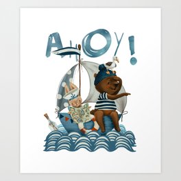 Ahoy! Bunny and bear on a sailing adventure. Art Print