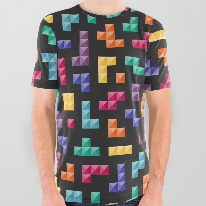 Tetris bricks jewel tones on black pattern All Over Graphic Tee