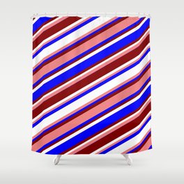 [ Thumbnail: Light Coral, Blue, Maroon, and White Colored Stripes Pattern Shower Curtain ]