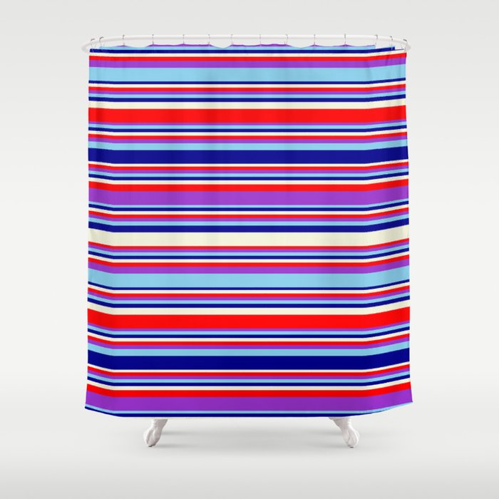 Eye-catching Beige, Red, Dark Orchid, Sky Blue, and Dark Blue Colored Stripes/Lines Pattern Shower Curtain