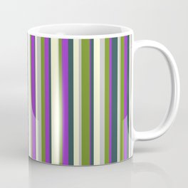 [ Thumbnail: Colorful Light Yellow, Dark Slate Gray, Dark Orchid, Green, and Grey Colored Striped Pattern Coffee Mug ]
