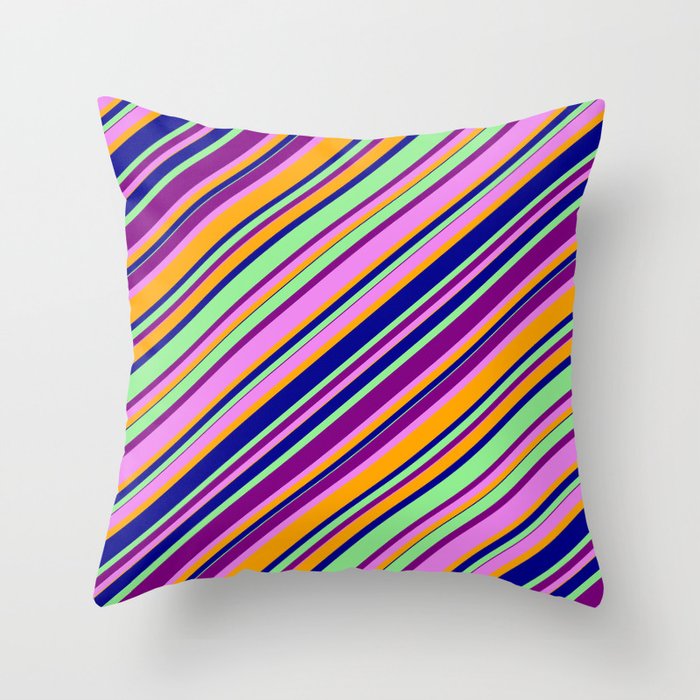 Colorful Light Green, Purple, Violet, Orange & Dark Blue Colored Lines/Stripes Pattern Throw Pillow