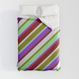 [ Thumbnail: Vibrant Light Green, Purple, Dark Red, Lavender, and Green Colored Lined/Striped Pattern Duvet Cover ]