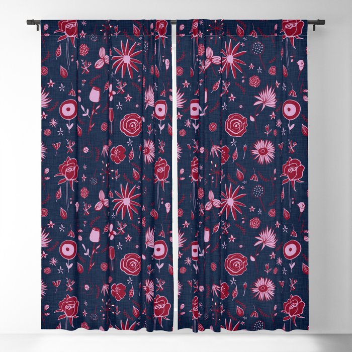 Pink And Navy Floral With Wild Roses Blackout Curtain By Susycosta