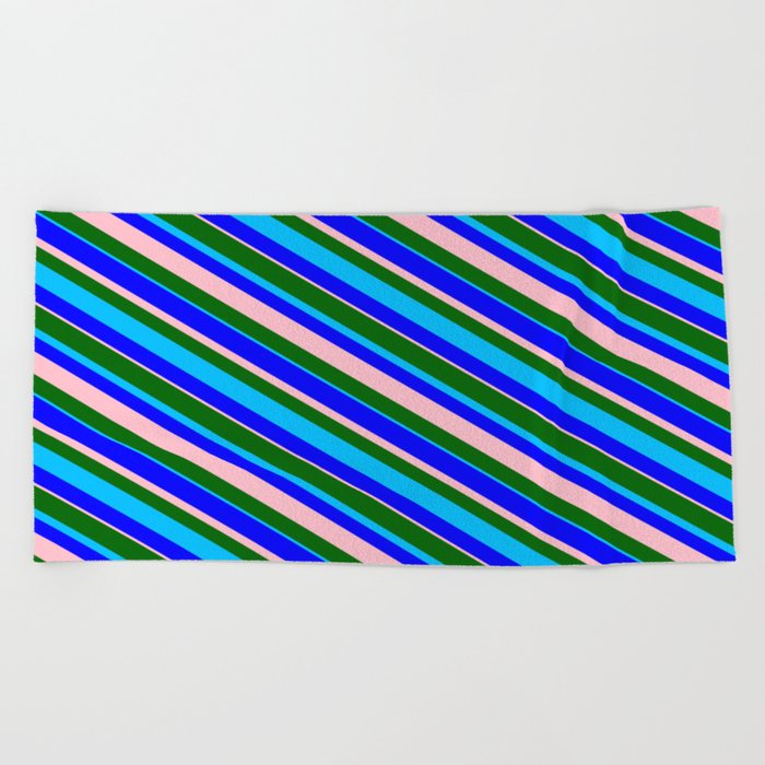 Dark Green, Deep Sky Blue, Blue & Pink Colored Stripes/Lines Pattern Beach Towel