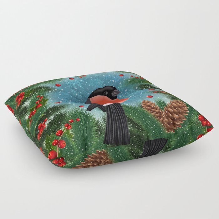 Bullfinch Bird With Fir Tree Decoration Floor Pillow By Angelinna