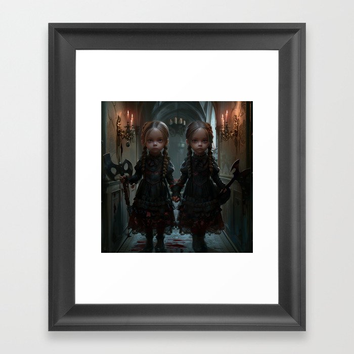 Creepy Gothic Identical Twin Girls with Axes Framed Art Print