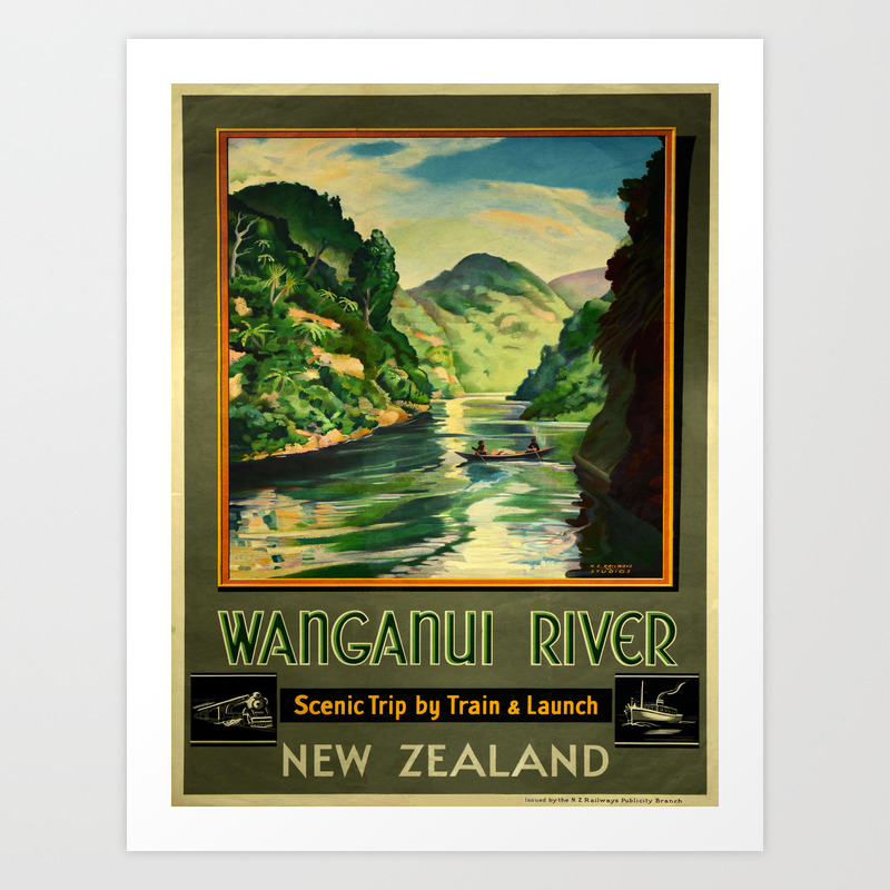 Wanganui River vintage in Nuova Zelanda Poster di viaggio 1930 