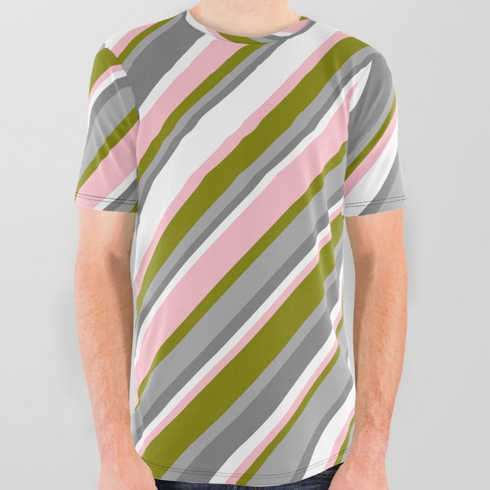 Eye-catching Green, Dark Grey, Gray, White & Pink Colored Pattern of Stripes All Over Graphic Tee
