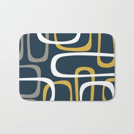 Mid Century Modern Loops Pattern in Light Mustard Yellow, Navy Blue, Gray, and White Bath Mat