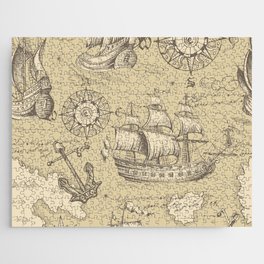 Vintage abstract seamless pattern on the theme of travel, adventure and discovery and pirates. Vintage repeating background with hand-drawn ships, anchors, wind rose and islands.  Jigsaw Puzzle