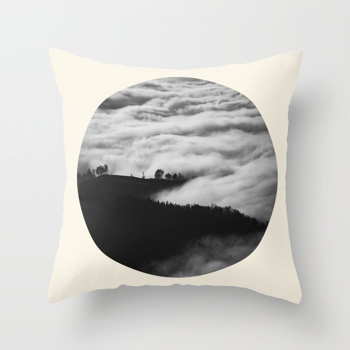 Intense Fog & Mountain Silhouette Black & White Round Photo Throw Pillow