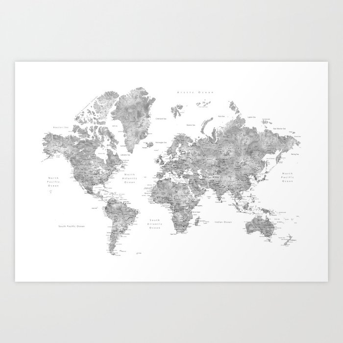 Grayscale watercolor world map with cities Kunstdrucke Grayscale watercolor world map with cities Kunstdrucke