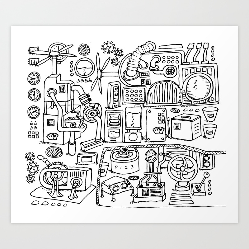 Machine Room Coloring Page Illustration Steampunk Black And White Art Print By Textility