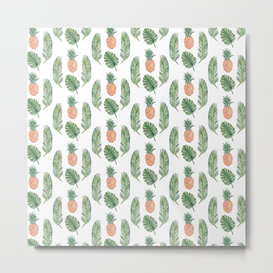PINEAPPLES AND LEAVES WHITE Metal Print