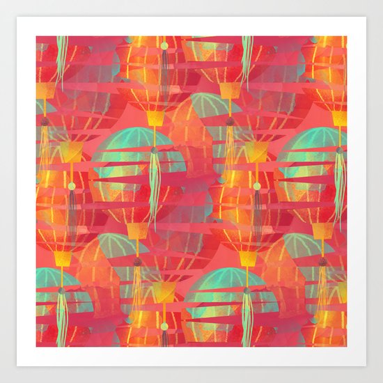 Watercolor Paper Lanterns on Pink Art Print