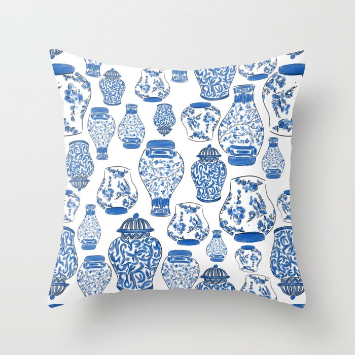 Chinoiserie Blue and White Jars Throw Pillow