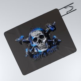 Grit and Guts Skull Neon Blue Picnic Blanket