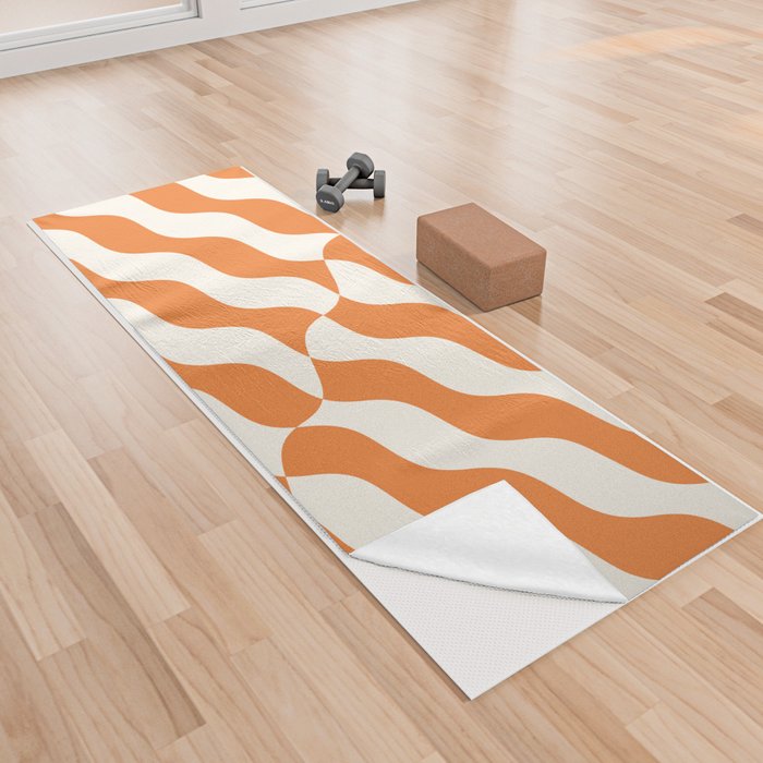 Retro Wavy Abstract Swirl Pattern in Orange Yoga Towel