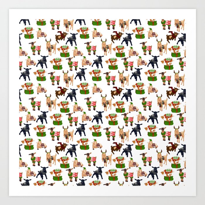 Christmas goats in sweaters repeating seamless pattern Art Print