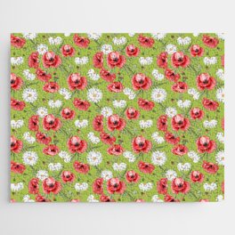 Daisy and Poppy Seamless Pattern on Light Green Background Jigsaw Puzzle