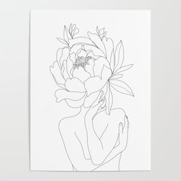 Minimal Line Art Woman Flower Head Poster