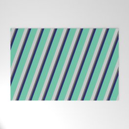 [ Thumbnail: Vibrant Midnight Blue, Aquamarine, Light Gray, Dim Gray, and Black Colored Pattern of Stripes Welcome Mat ]