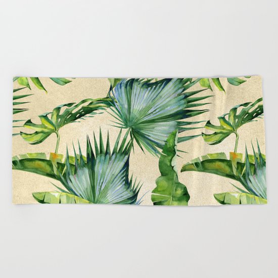 Green Tropics Leaves on Linen Beach Towel
