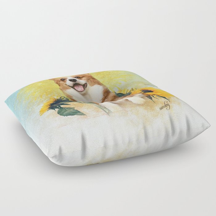 Sundog. Cute corgi puppy and sunflowers painting  Floor Pillow